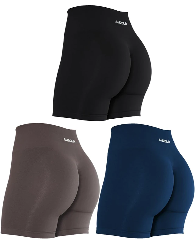 AUROLA Intensify Workout Shorts for Women Seamless Scrunch Short Gym Yoga Running Sport Active Exercise Fitness Shorts, Pack（Black/Tuxedo Blue/Chestnut Brown）, S