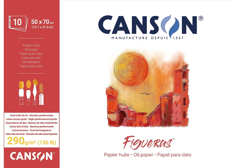 Canson Figueras, Oil Paper, Imitation Linen Grain, 290gsm, Glued pad on Long Side, 50x70cm, White, 10 Sheets