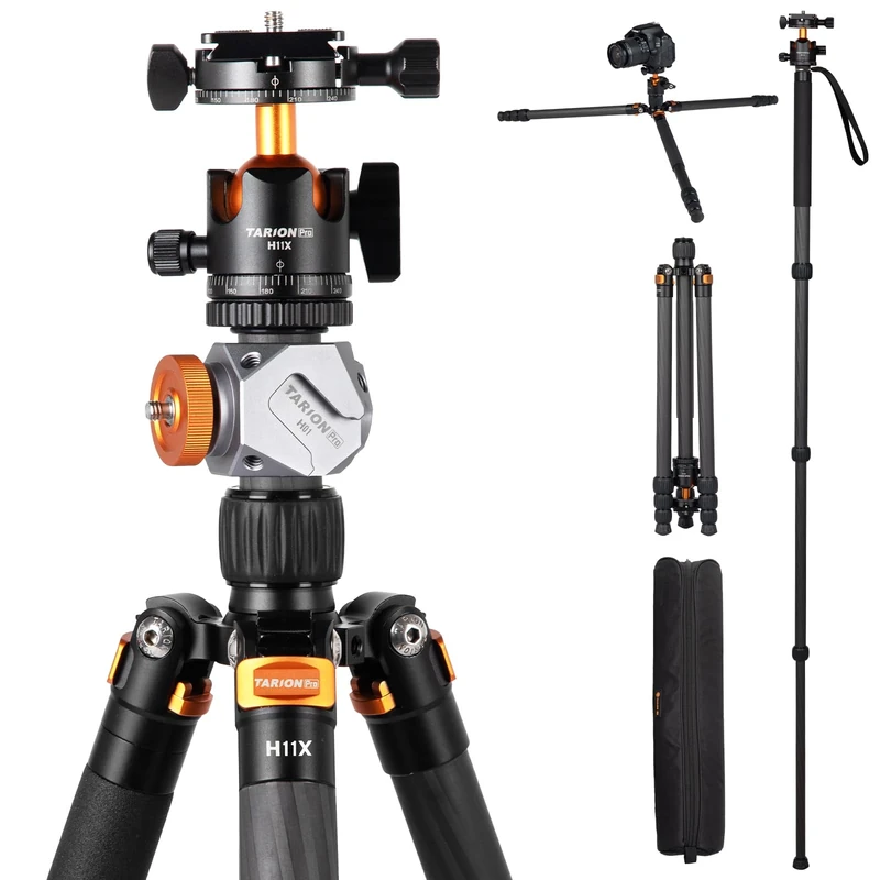 TARION Carbon Fiber DSLR Tripod: 67"/170cm Professional with Dual Panoramic Ballhead, Cold Shoe Extension Mount, Travel Tripod for Camera & Camcorder