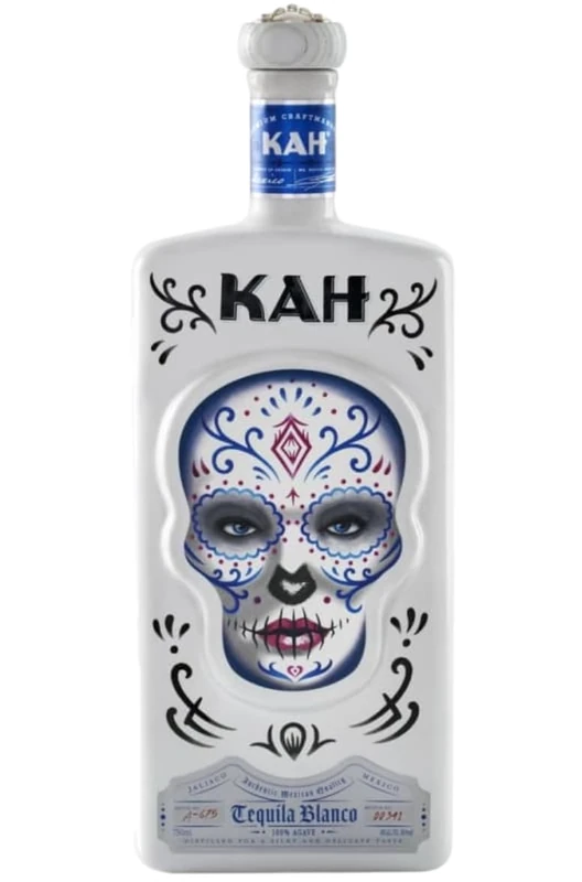 KAH Blanco Tequila 70cl, 40% ABV, Square White Ceramic Day of the dead decorated Bottle, 100% Blue Agave, Double Distilled, Tripple Filtered, Unaged - Image 1