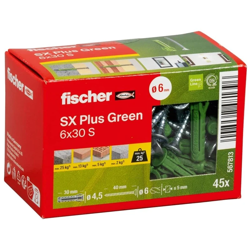 fischer SX Plus Green Expansion Dowels 6 x 30 S, Box of 45 Sustainable Dowels and Matching Screws, Optimal Hold in Concrete, Solid Brick, Aerated Concrete, Perforated Bricks and Much More