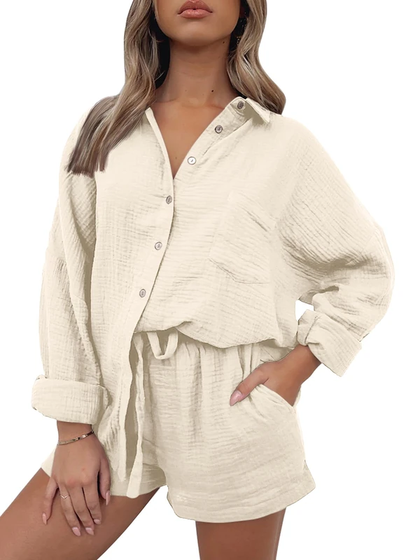 AUTOMET 2 Piece Outfits For Women Lounge Sets Pajama Sets Long Sleeve Button Down Oversized Shirts And Shorts Fall Tracksuit, 01beige, S