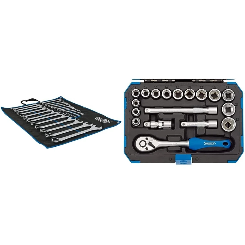Draper 97918 Combination Spanner Set (25 Piece) & 16359 Metric Socket Set, 3/8" Square Drive, Blue, 18 Pcs