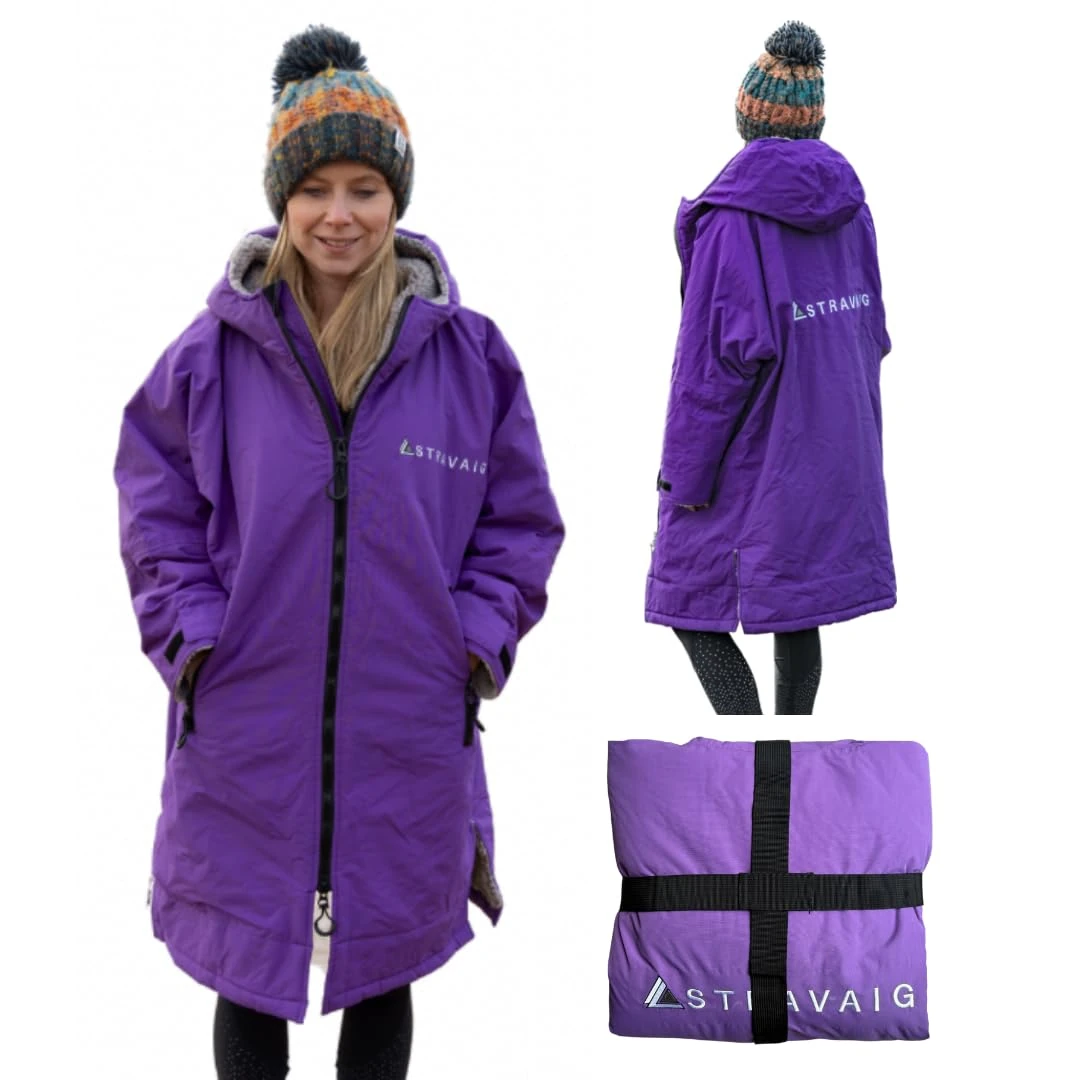 Adult Waterproof Changing Robe Super Soft Fleece Lining-Windproof, Waterproof to 10,000mm Oversized Coat for Changing Swimming and Watersports. With Compression Straps (Small, Purple)