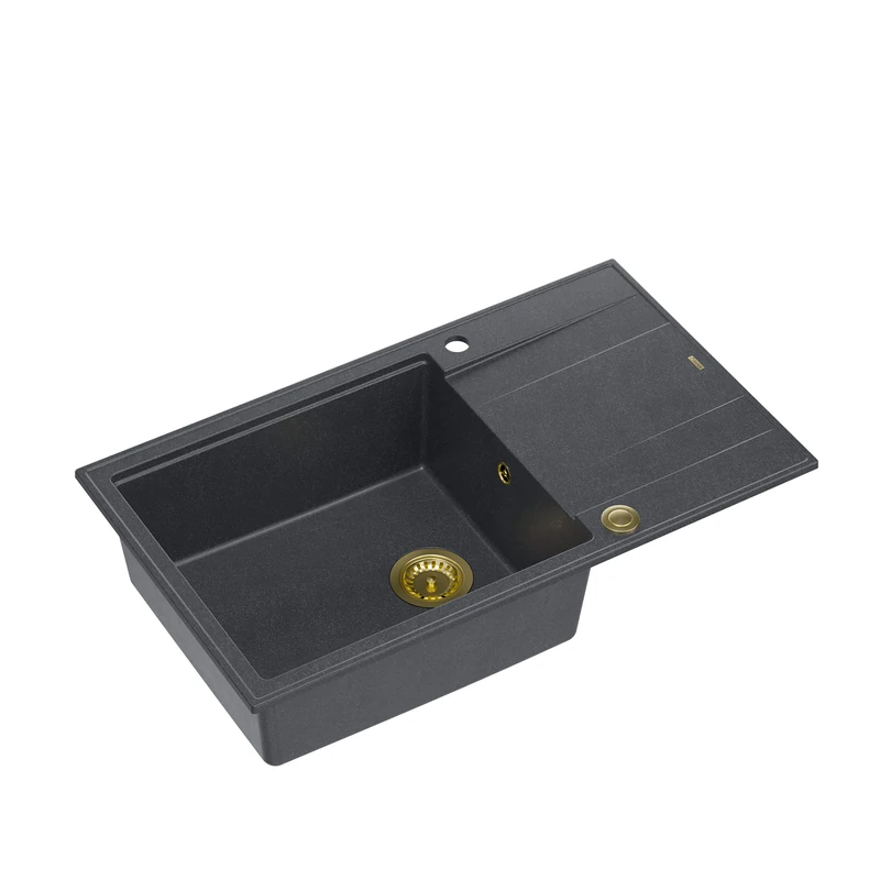 Quadron Evan 136 XL Granite Sink, 1-Chamber Built-in Sink, Dimensions: 86 x 50 x 21 cm, Base Cabinet from: 60 cm (Black + Gold PVD)