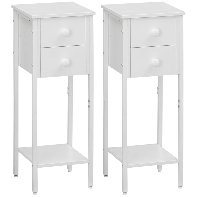 HOOBRO Narrow Bedside Table Set of 2, Slim Bedside Table, Telephone Table with 2 Drawers, Tall Side Table with Metal Frame, Small Nightstand with Open Shelf, White EWT74BZP201