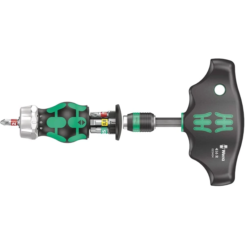 Wera 05008883001 Kraftform Kompakt Stubby Magazine RA 1, Stubby Ratchet Screwdriver with Bit Magazine, 6 Pieces & 416 R T-Handle Bitholding Screwdriver Rapidaptor, 1/4" x 45 mm, 05023404001