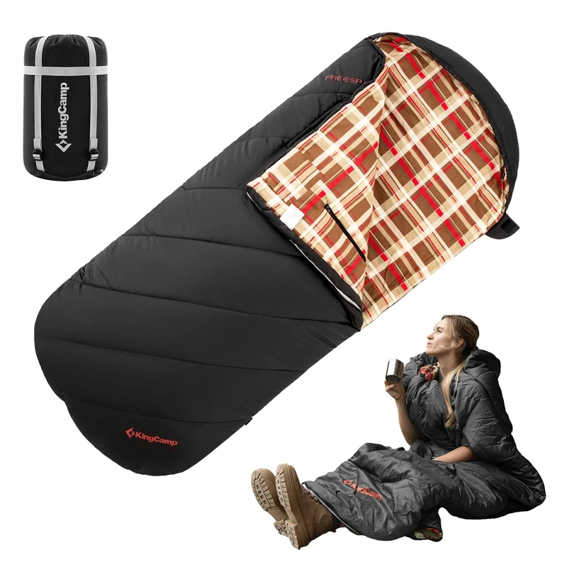 KingCamp Sleeping Bags, Extra Wide Flannel Sleeping Bag for Adults, Lightweight, Portable, Big and Tall Wearable Sleeping Bag for Camping Backpacking Perfect for Cold and Warm Weather Outdoor Black