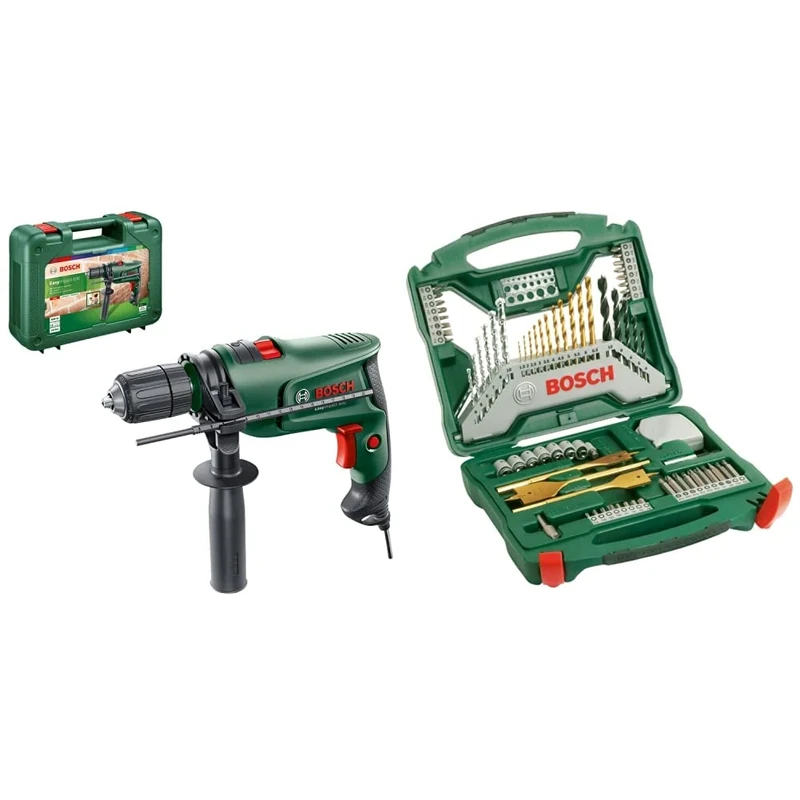 Bosch Electric Combi Drill EasyImpact 600 (600 W, in Carrying Case) & 70-Pieces X-Line Titanium Drill and Screwdriver Bit Set (for Wood, Masonry and Metal, Accessories Drills)