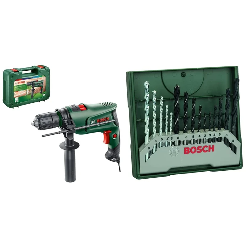 Bosch Electric Combi Drill EasyImpact 600 (600 W, in Carrying Case) & 15pc. Mini-X-Line Drill Bit Set (for Wood, Masonary and Metal, Accessories Drill Driver)