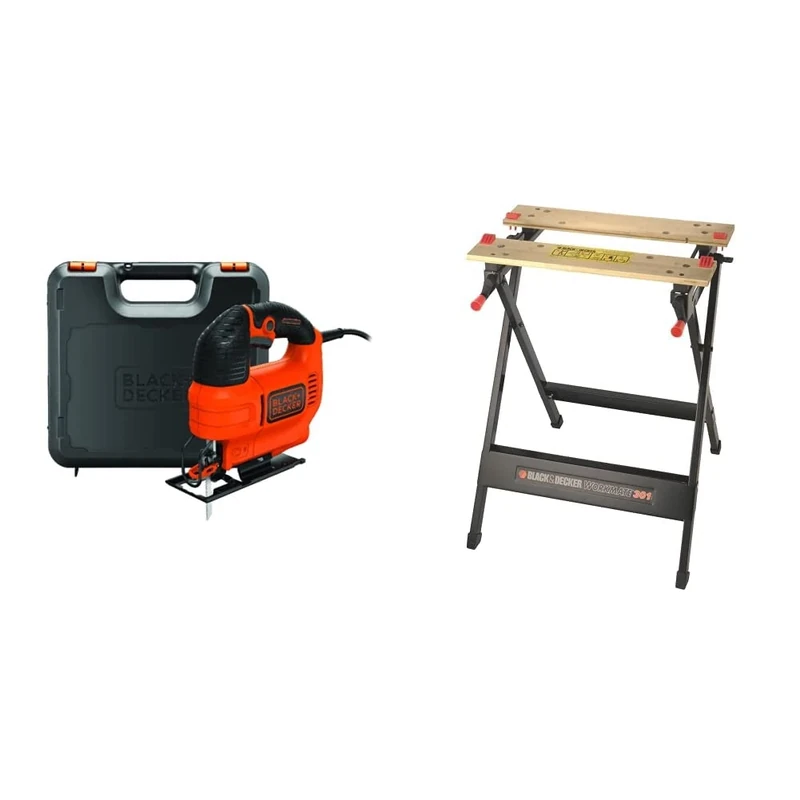 BLACK+DECKER 520 W Compact Jigsaw Power Tool with Blade and Kitbox, KS701EK-GB & Workmate, Work Bench Tool Stand Saw Horse Dual Clamping Crank, Heavy Duty Steel Frame, WM301