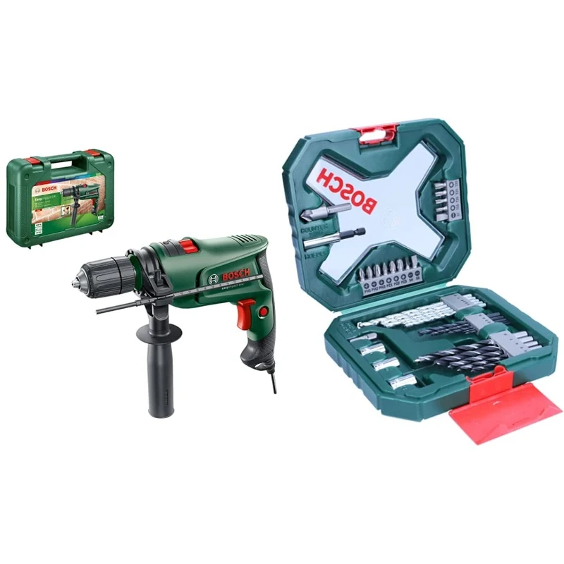 Bosch Electric Combi Drill EasyImpact 600 (600 W, in Carrying Case) & 34pc. X-Line Screwdriver Bit Set (for Wood, Masonry and Metal, Accessories)