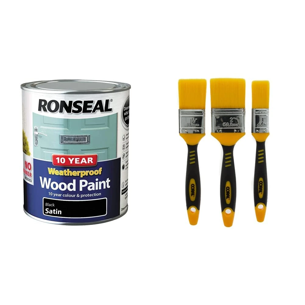 RONSEAL 10 Year Weatherproof 2 in 1 Wood Paint Black Satin 750ml & Coral 31416 Zero Paint Brushes with No Loss of Bristle Paintbrush Heads 3 Piece Pack Set, Yellow, Set of 3