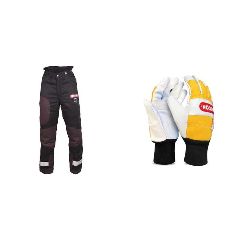 Oregon Yukon + Type A Class 1 (20 m/s) Chainsaw Protective Trousers for Sawing, Black, Size M (EU 46-48) & 295399M Chainsaw Protective Gloves, Leather – Pair (M)