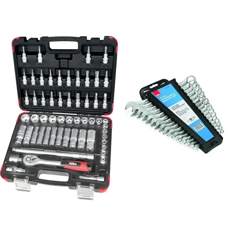 Hilka 02385802 58pce 3/8-inch Drive Socket Set & 17161602 Metric Combination Spanner Set