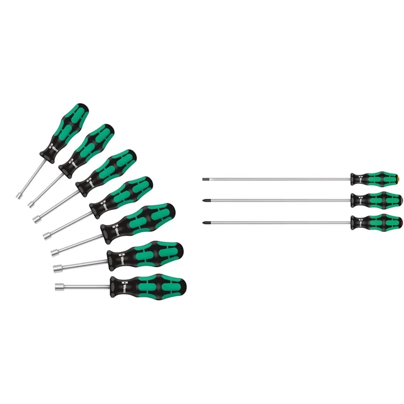 Wera 395 HO/7 SM Kraftform Hollow Shaft Nutspinner Set, 7pc, 05029510001 & 335/350/355/3 Kraftform Plus Extra-Long Screwdriver Set, PH/PZ/SL, 3pc, 05347735002