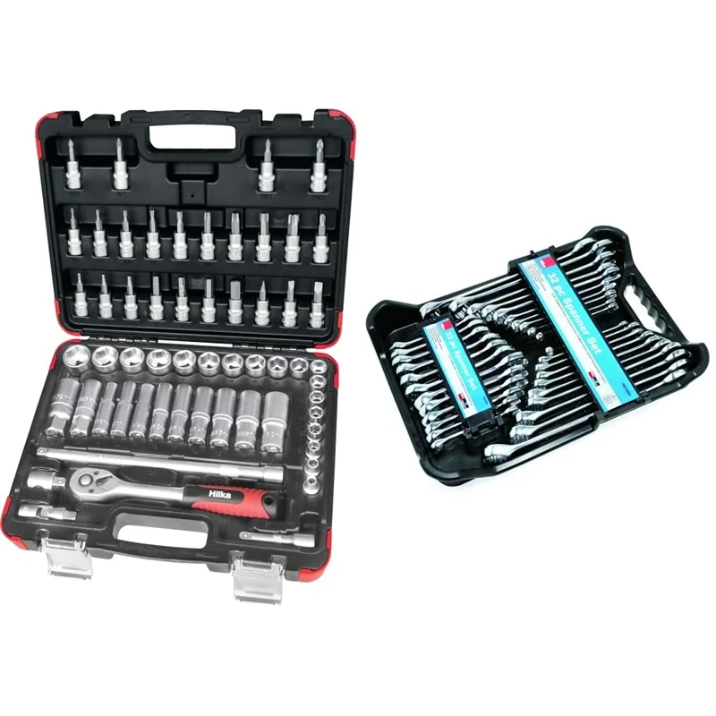 Hilka 02385802 58pce 3/8-inch Drive Socket Set & 16213203 AF/Metric Combination Spanner Set, Set of 32 Pieces