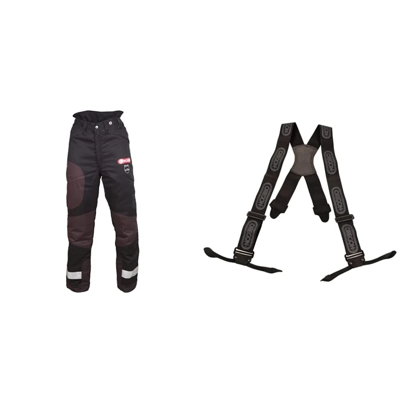 Oregon Yukon + Type A Class 1 (20 m/s) Chainsaw Protective Trousers for Sawing, Black, Size M (EU 46-48) & 537804 Braces for Chainsaw Protective Trousers