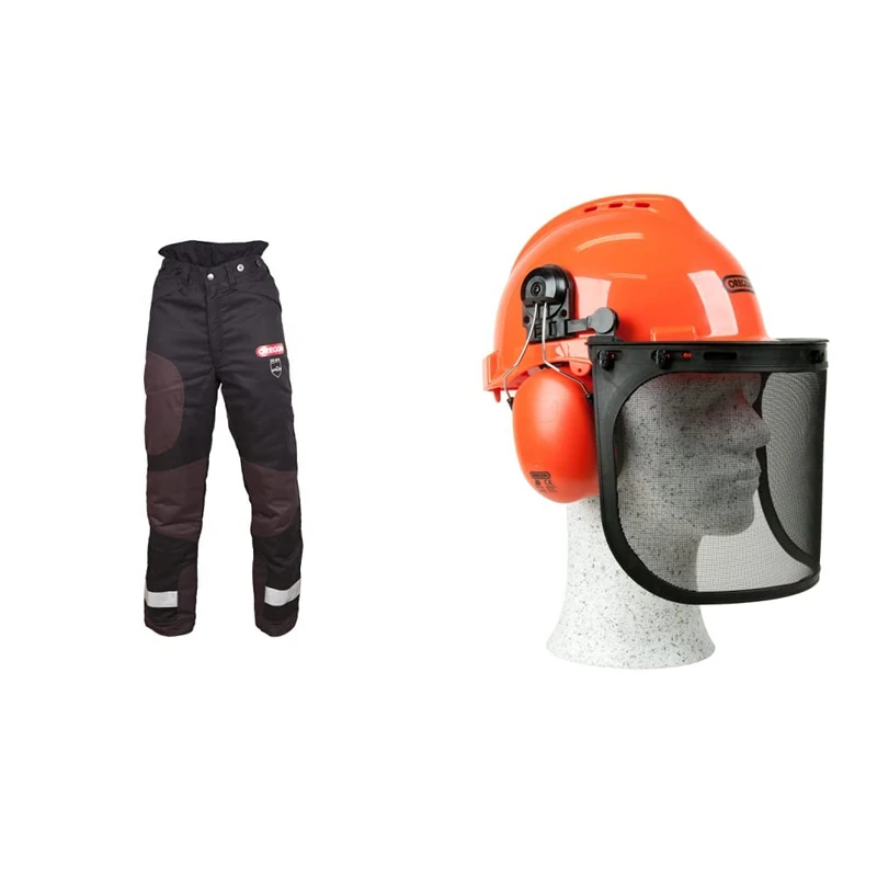 Oregon Yukon + Type A Class 1 (20 m/s) Chainsaw Protective Trousers for Sawing, Black, Size L (EU 50-52) & Yukon Chainsaw Safety Helmet with Protective Ear Muff and Mesh Visor (562412), Black - Image 1