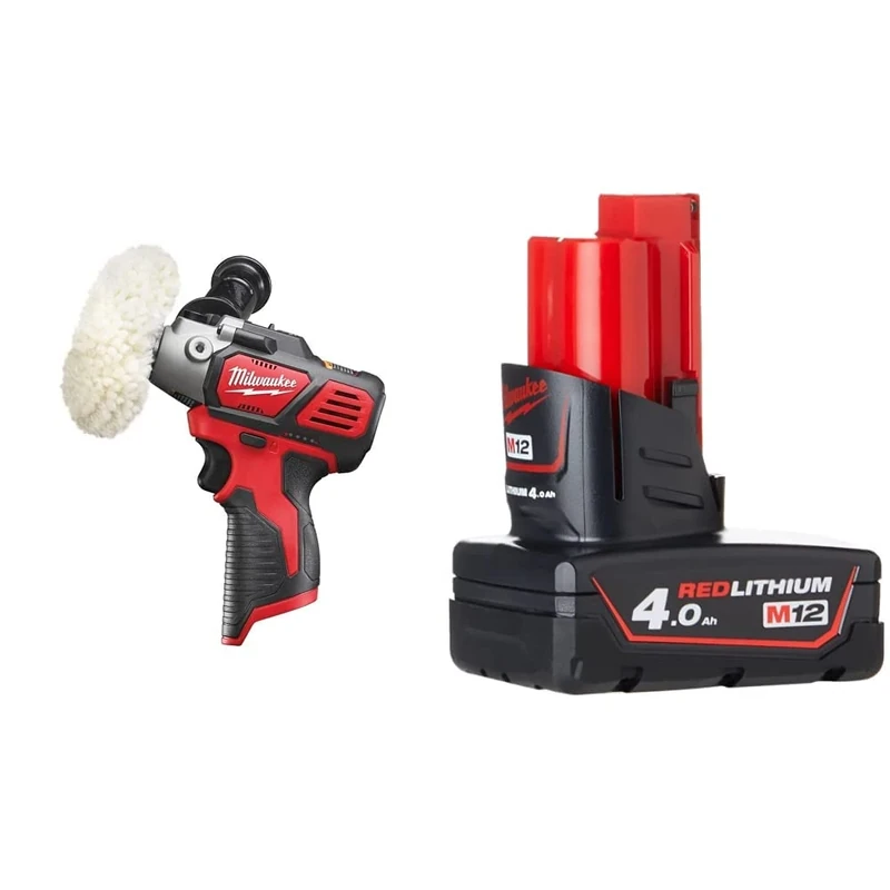 Milwaukee M12BPS-0 M12 Sub Compact Polisher/Sander (Naked - no Batteries or Charger), Brown|Black & M12B4 4.0Ah Lithium-Ion Battery - Red