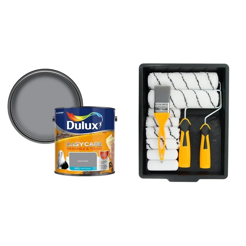 Dulux 5293135 Easycare Washable & Tough Matt Emulsion Paint For Walls And Ceilings - Natural Slate 2.5L & Coral 10501 Paint Kit with Headlock and Mini Roller Frame and Hybrid Brush, Set of 12 Pieces