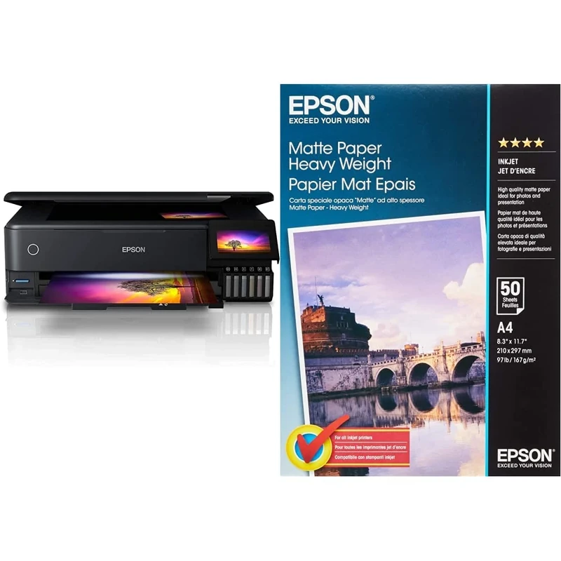 Epson EcoTank ET-8550 A3 Print/Scan/Copy Wi-Fi Photo Ink Tank Printer, With Up To 2 Years Worth Of Ink Included & A4 Matte Heavyweight Inkjet Paper (50 Sheets), White