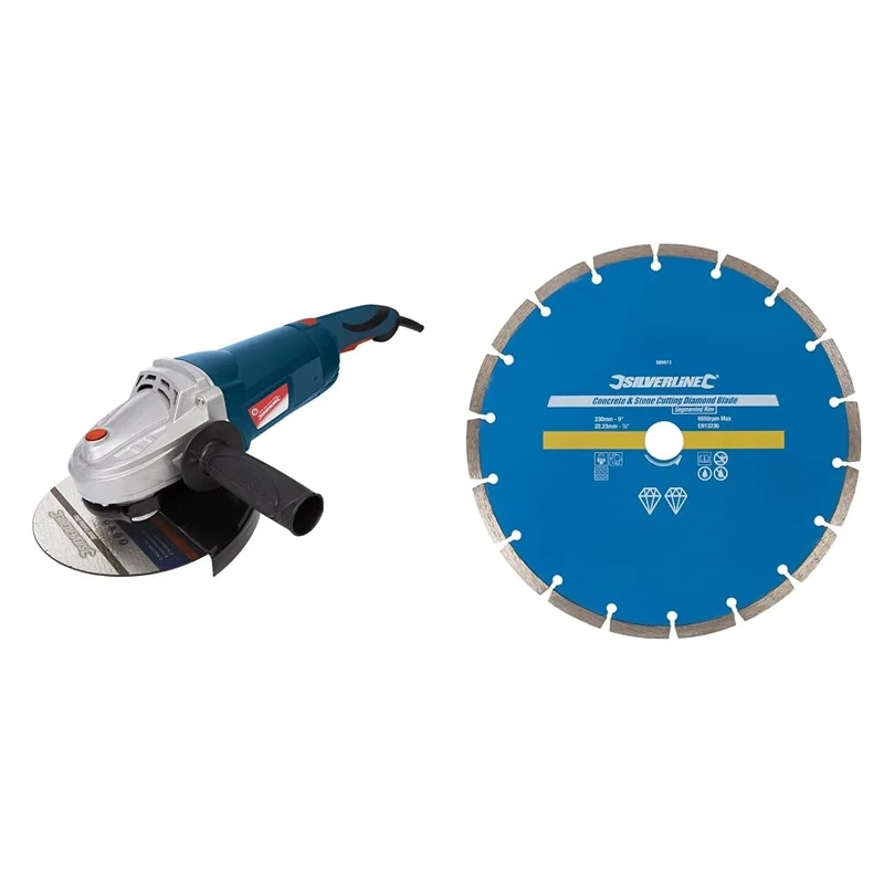 Silverline 951855 2400W Angle Grinder 230 mm 2400W UK, Blue & 589673 Concrete and Stone Cutting Diamond Blade 230 x 22.23 mm Segmented Rim