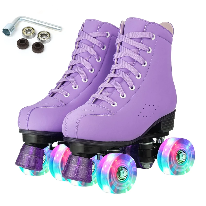 XUDREZ Women Roller Skates High Top Shoes Double Row Shiny Roller Derby Skates Four Wheel Unisex PU Classic Skates for Girl Beginner Indoor Outdoor (Purple flashing wheel,Uk5.5)