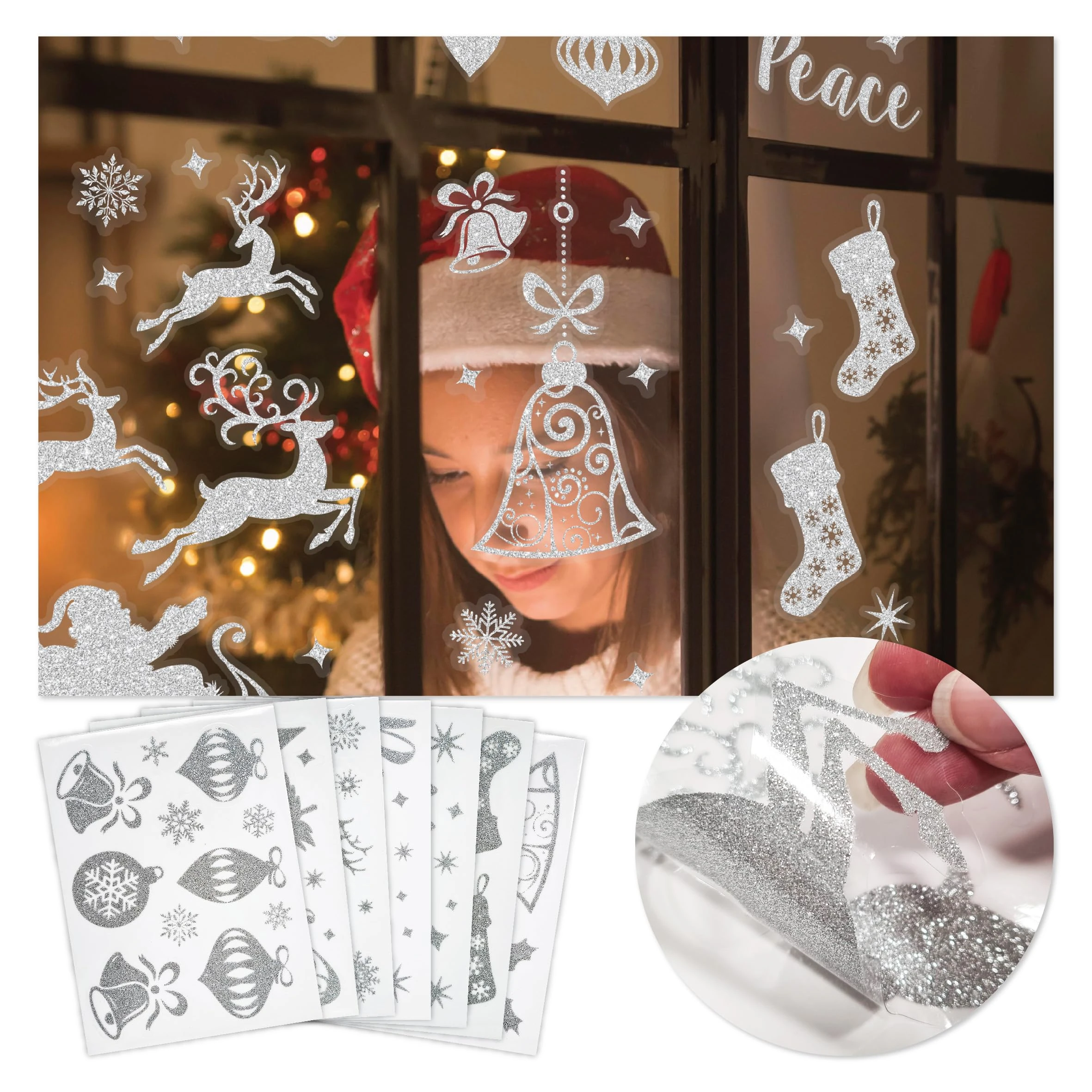 Christmas Window Stickers Over 100pcs Large Ice Silver Glitter Design - Removable and Reusable Christmas Window Clings Decoration - Ideal for Xmas Display and Decor