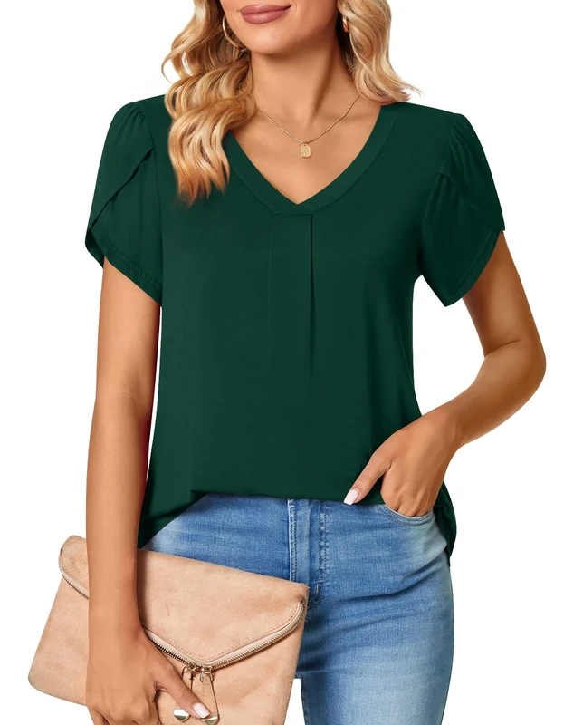Bestbee Women's Dark Green V Neck Petal Sleeve T-Shirt - Loose Fit 2XL