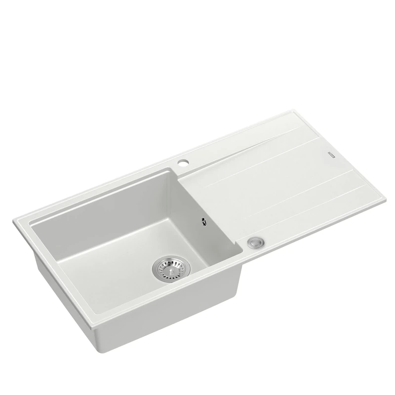 QUADRON Sink White & Steel | Size 100 x 50 x 21 cm | Granite Granite Sink Evan 146 XL Single Bowl Kitchen Sink | with Manual Siphon and Draining Board | 1 Bowl Built-in Sink