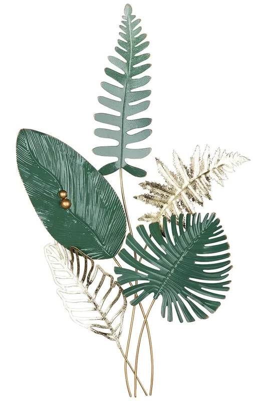 GILDE Decorative Wall Relief Wall Decoration XXL - 3D Metal Picture Leaves Fern - Decoration Living Room - Colours: Green Gold - 54 x 90 cm