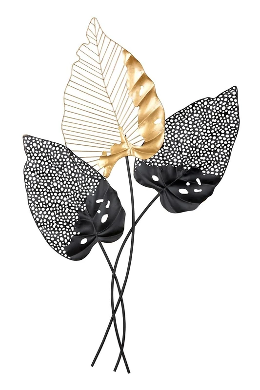 GILDE Decorative Wall Relief Wall Decoration XXL - 3D Metal Picture Leaves - Decoration Living Room - Colours: Black Gold - 65 x 107 cm