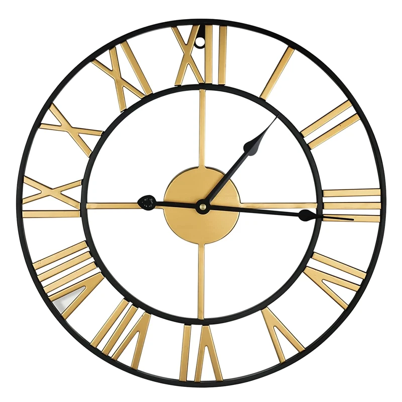 Crystals Open Face Large Outdoor Garden Wall Clock, Giant Big Roman Numerals - 60CM (Gold & Black) - Image 1