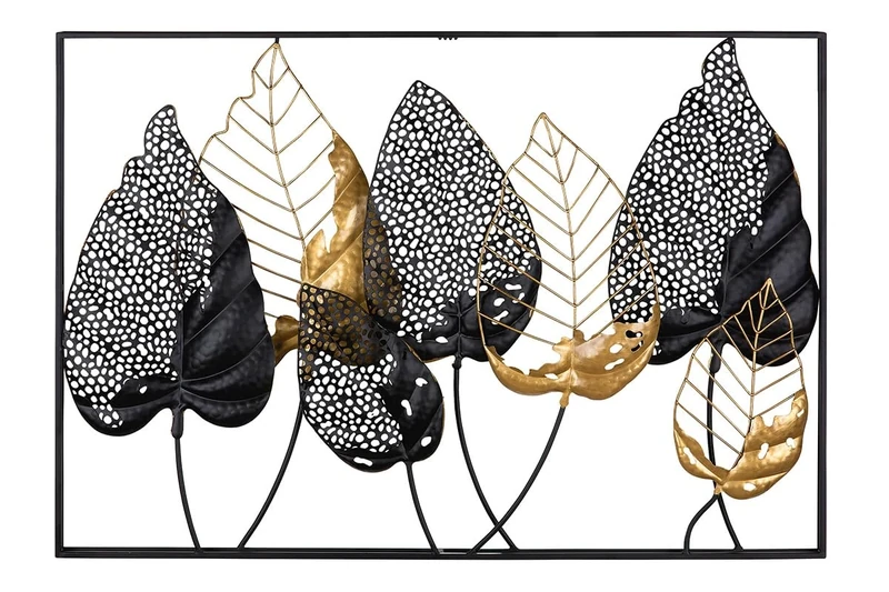 GILDE Decorative Picture XXL Leaves - Metal Wall Decoration Rectangular - Decoration Living Room - Colours: Black Gold Silver - 95 x 65 cm