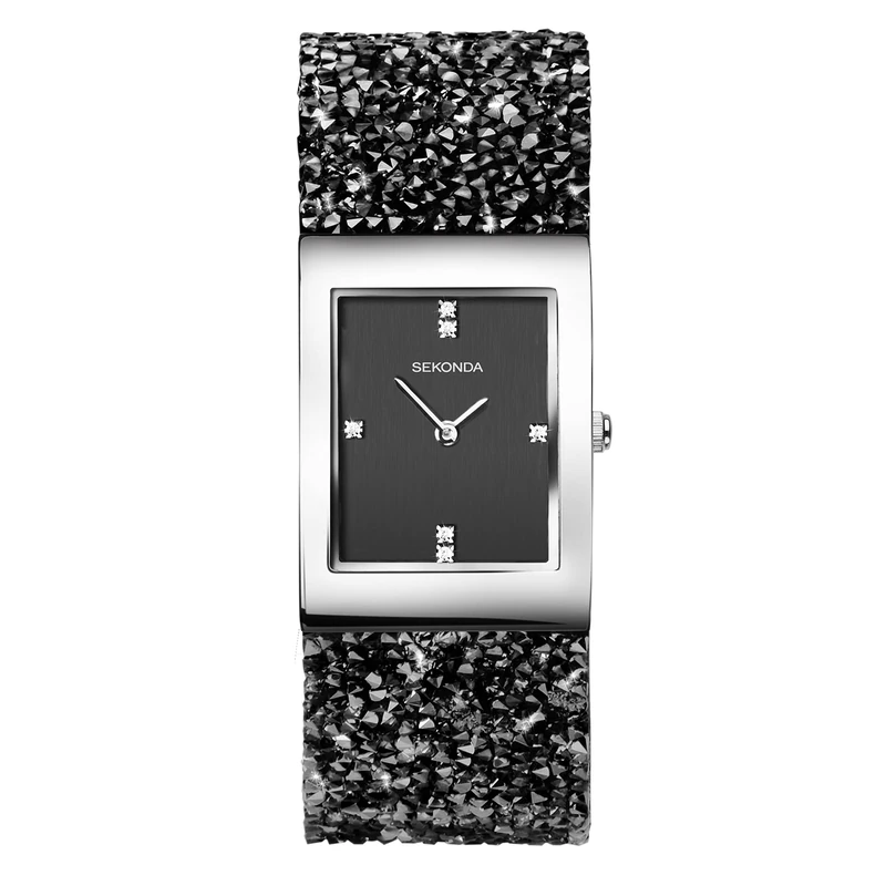 Sekonda Rocks 26 mm Ladies Rectangular Silver Analogue Watch with Black Bracelet