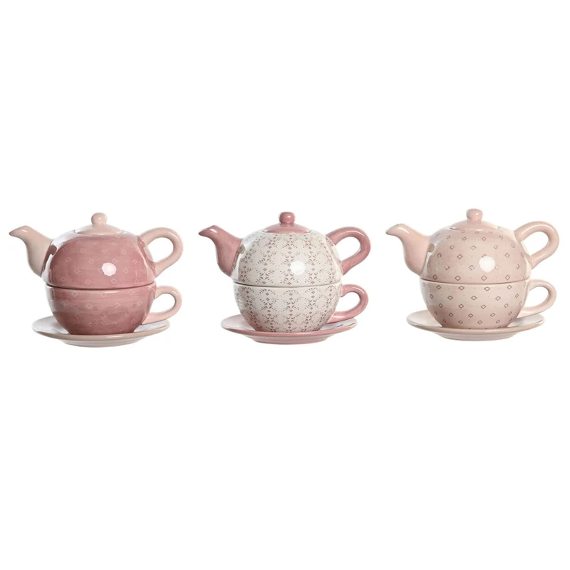 DKD Home Decor Teapot Set Pink White 750ml Dolomite (3 Units)