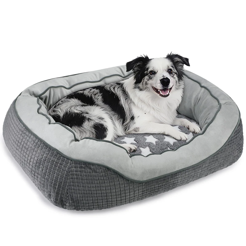 SIWA MARY Dog Beds for Medium Large Dogs, Washable Sofa Bed with Wide Sides, Pentagram Pattern Design, Durable Pet Cuddler Bed, Warming Soft Orthopedic Sleeping, Star-Gray, Large-(30''x 24''x 9'')