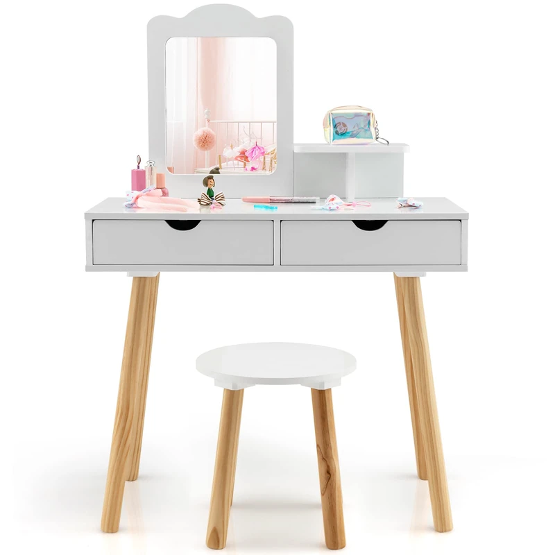 COSTWAY Children's Dressing Table Set, 2-in-1 Dressing Table Desk & Stool with Removable Mirror, 2 Drawers, Comb, Wooden Vanity Table for Girls Aged 3-7 Years