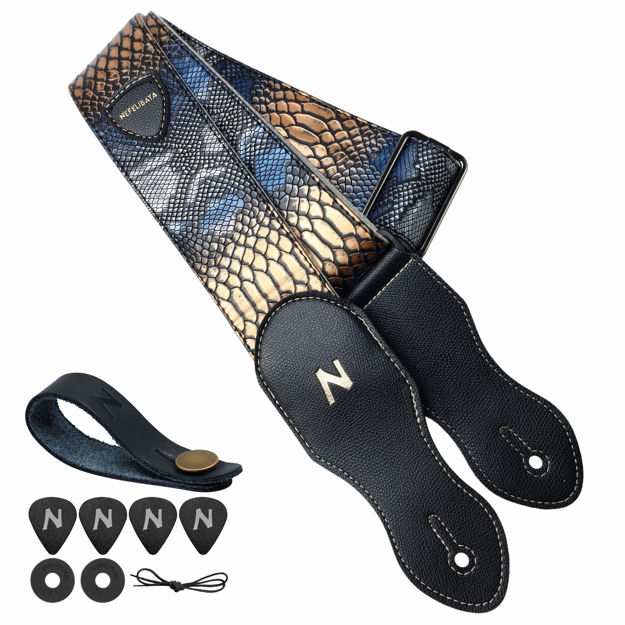 Nefelibata Guitar Strap with Pick Pocket, 2.3 inch Vegan Leather Snakeskin Pattern Guitar Straps, 60s Vintage Style