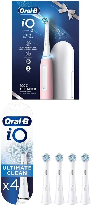 Oral-B iO3 Blush Pink + Travel Case + iO Ultimate Clean White Toothbrush Heads 4 Pack