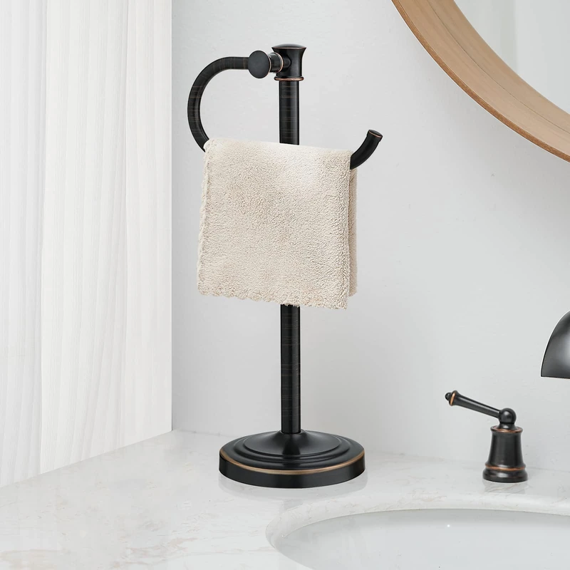BESy 14 Inch Oil Rubbed Bronze Stand Towel Bar Hanger Hand Towel Bar Bathroom Vanity Countertop Towel Holder Free Standing Stainless Steel Towel Ring Hardware Accessories Towel Rack