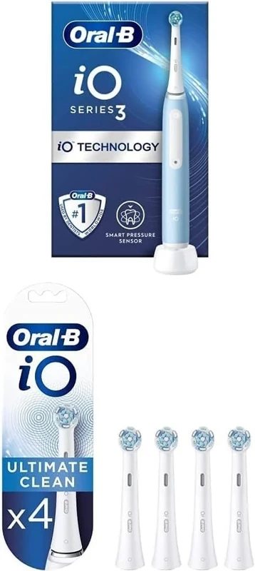 Oral-B iO3 Ice Blue + iO Ultimate Clean White Toothbrush Heads 4 Pack