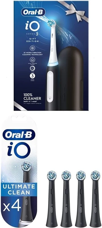 Oral-B iO3 Matt Black + Travel Case + iO Ultimate Clean Black Toothbrush Heads 4 Pack