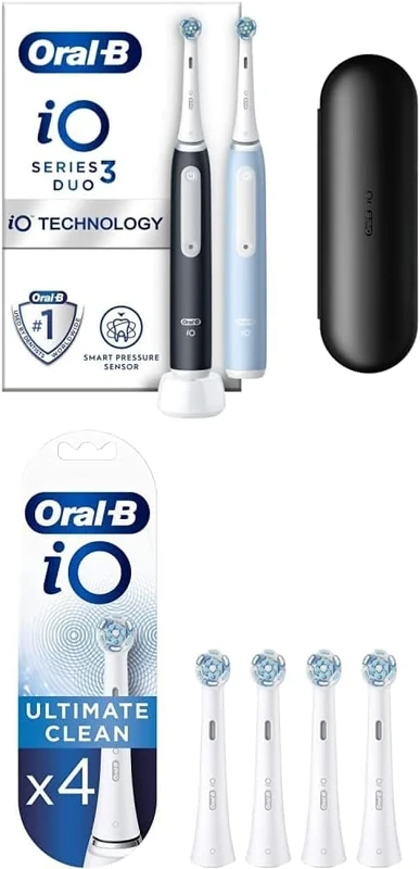 Oral-B iO3 Matt Black & Ice Blue (Duo Pack + Travel Case) + iO Ultimate Clean White Toothbrush Heads 4 Pack