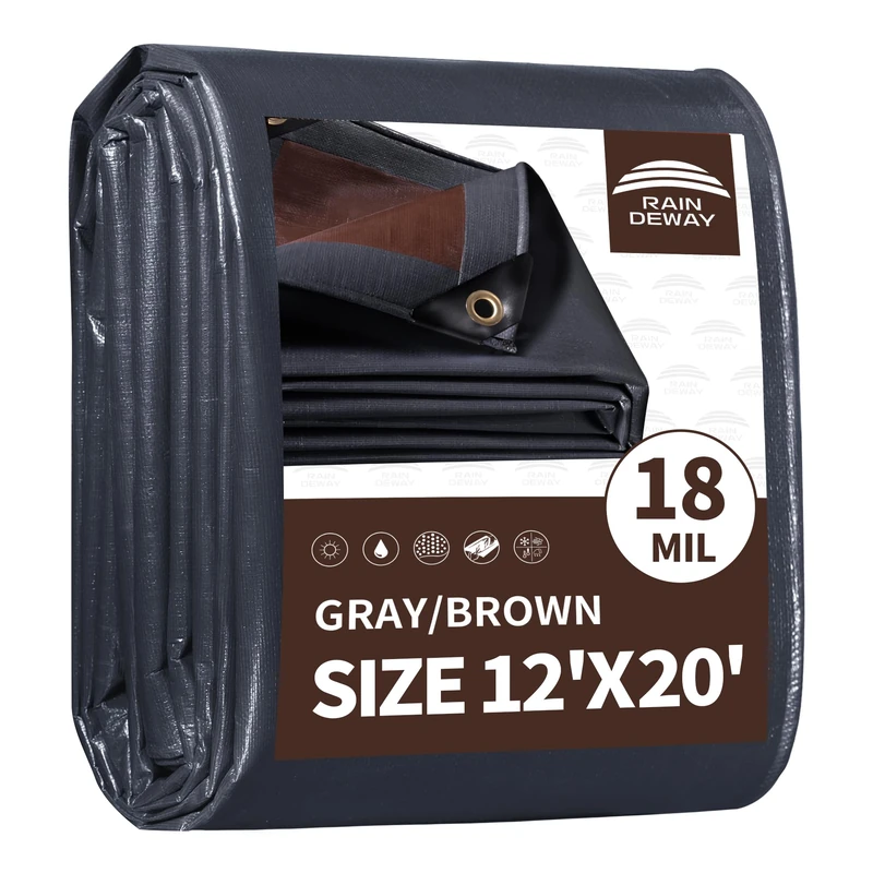 RAINDEWAY 12x20 Feet Super Heavy Duty Tarp 18 Mil, UV Resistant, Weatherproof, Multipurpose Waterproof Poly Tarp with Grommets and Reinforced Edges, Brown/Gray Tarps