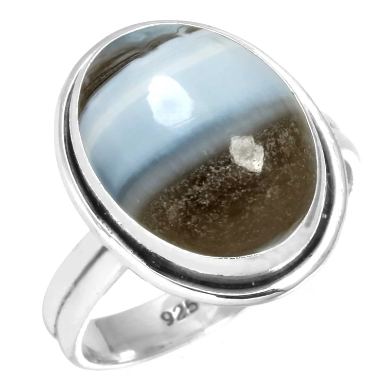 Jeweloporium Blue Opal Silver Ring Size T 1/2, 925 Sterling Silver Ring for Women, Natural Chunky Oval Gemstone Boho Jewellery