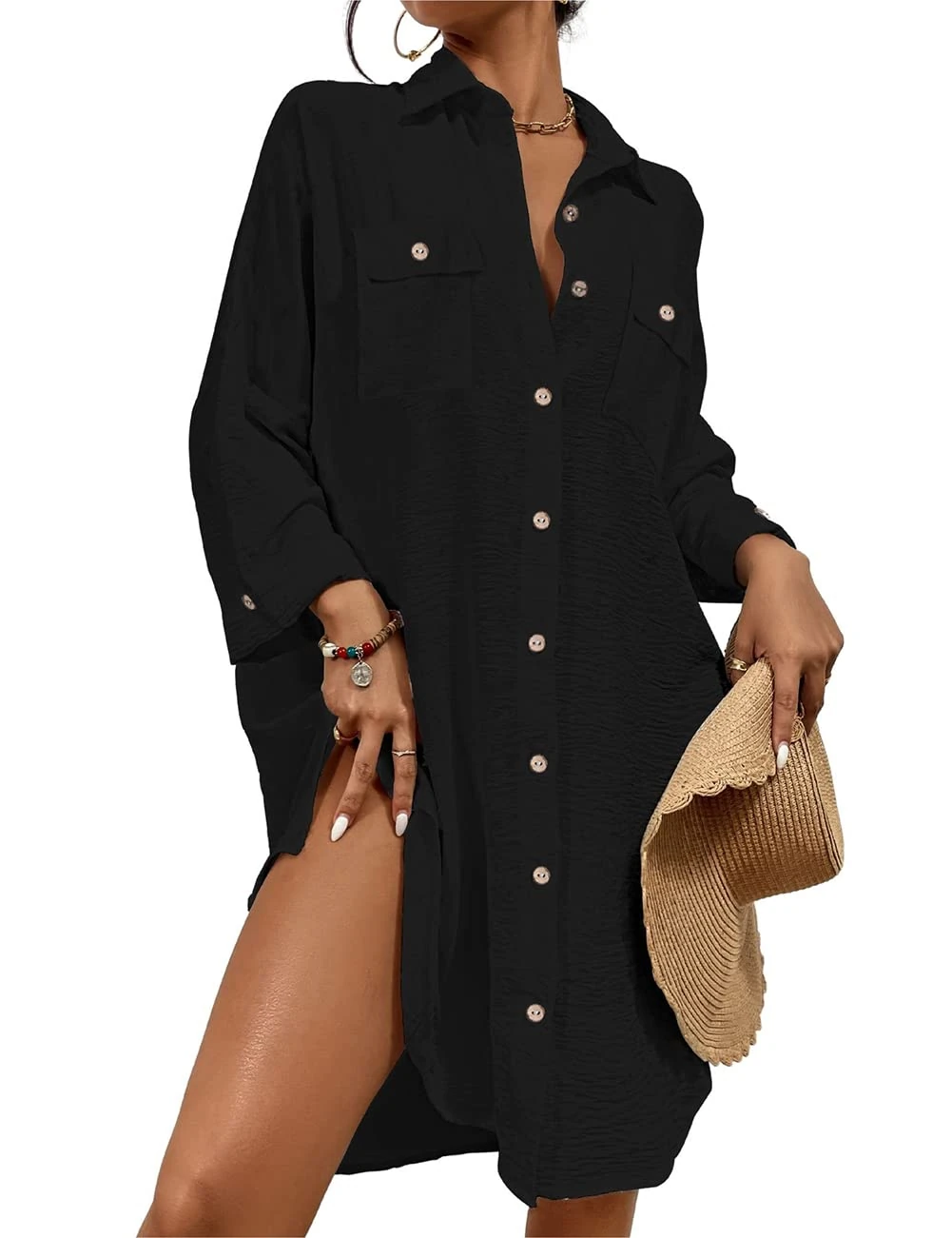 Bsubseach Modern Swimsuit Coverups for Women Button Down Beach Shirt Dress Tops Resort Wear Black L