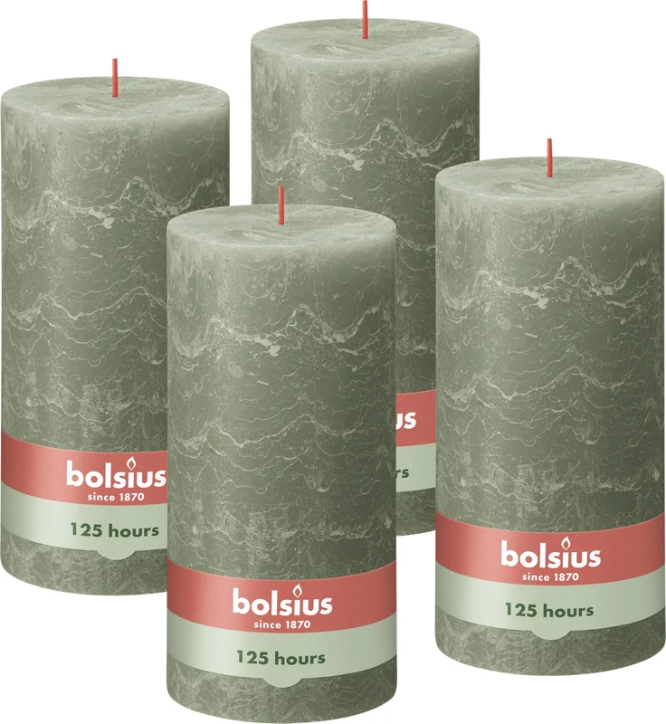 Bolsius Rustic Pillar Candle XXL – Green – Set of 4 – 20 x 10 cm – Long Burning Time 125 Hours – Unscented – Includes Natural Vegan Wax – Without Palm Oil