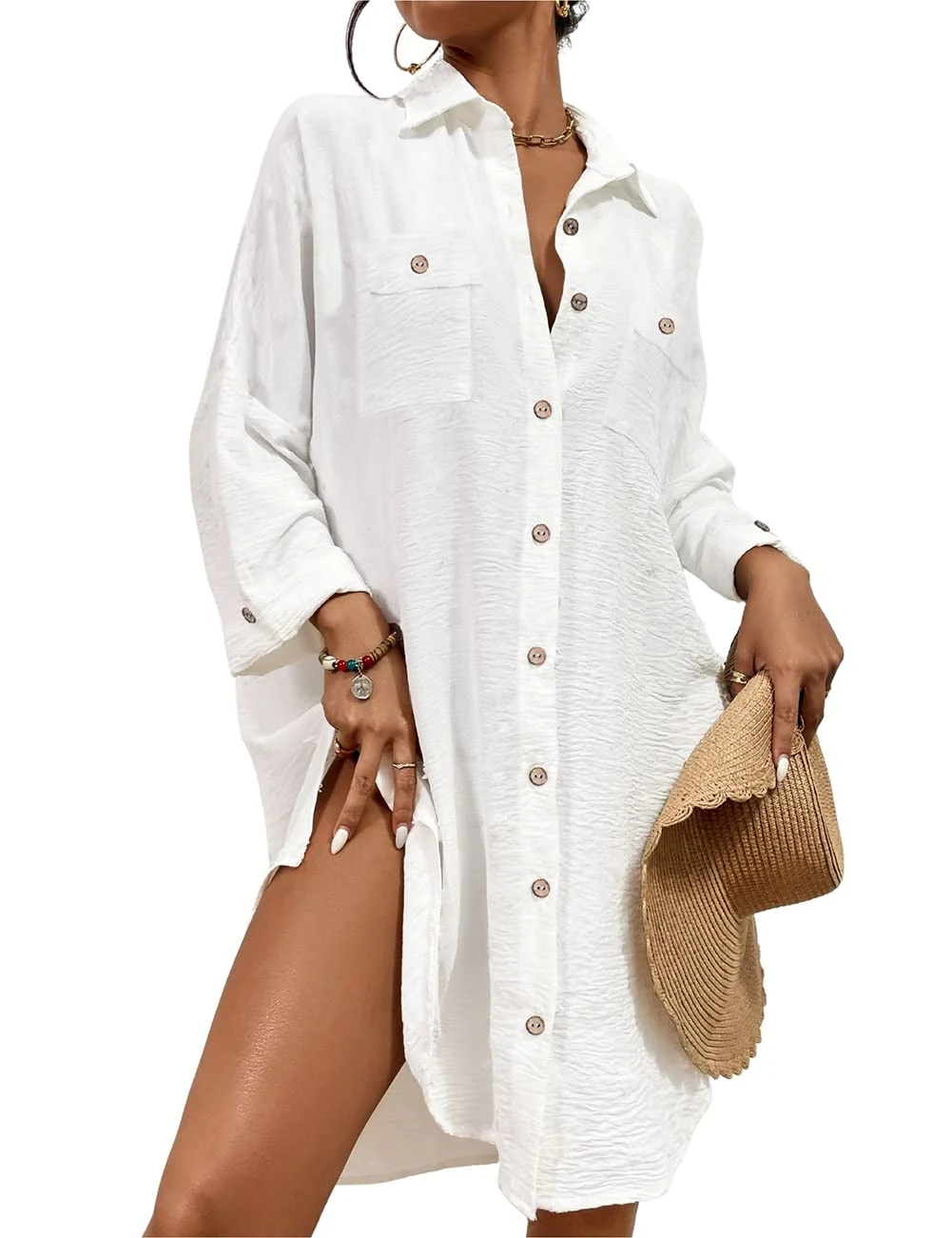 Bsubseach Modern Swimsuit Coverups for Women Button Down Beach Shirt Dress Tops Resort Wear White L